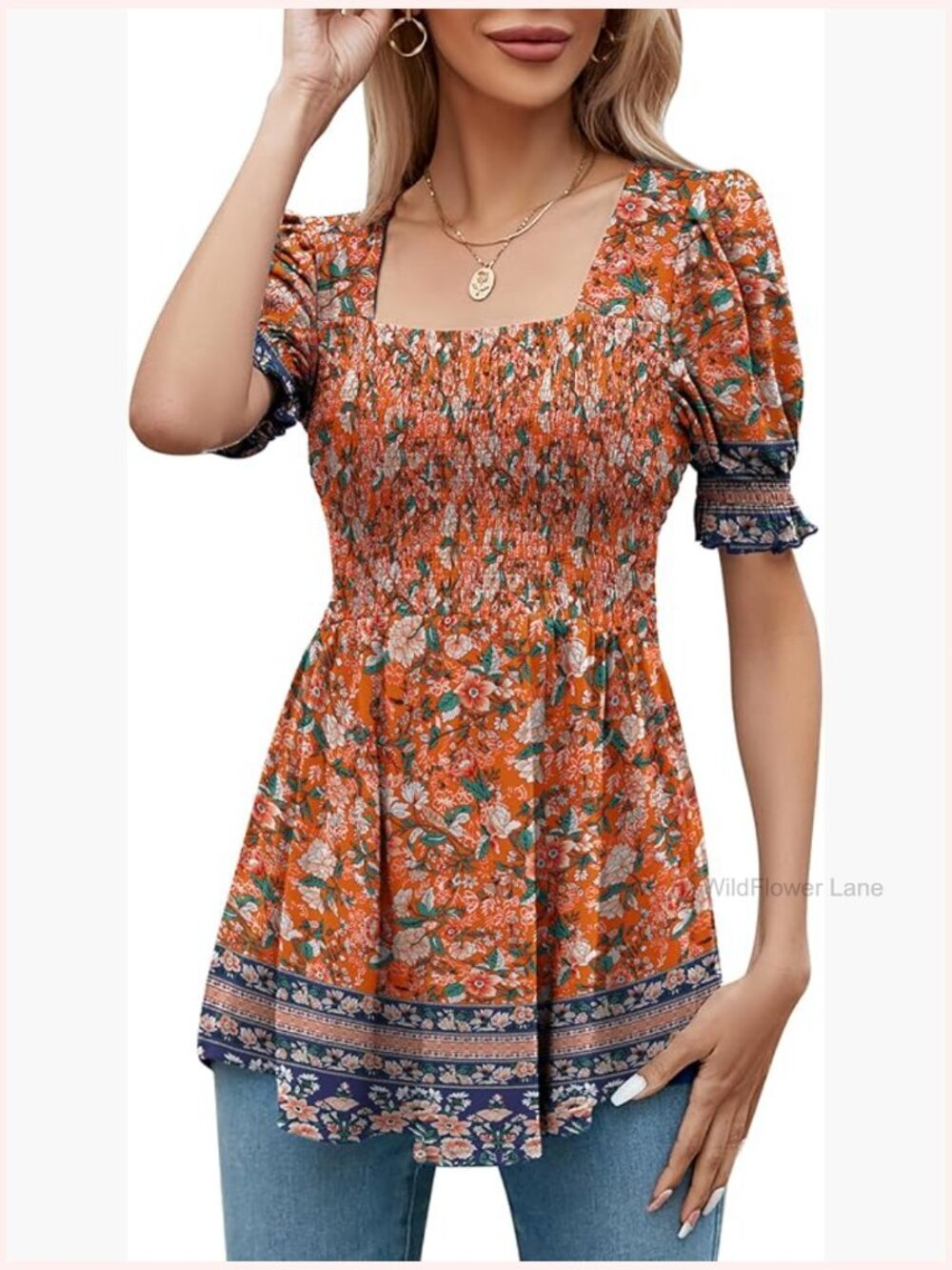 Smocked Square Neck Puff Short Sleeve Peplum Tunic Top Blouse